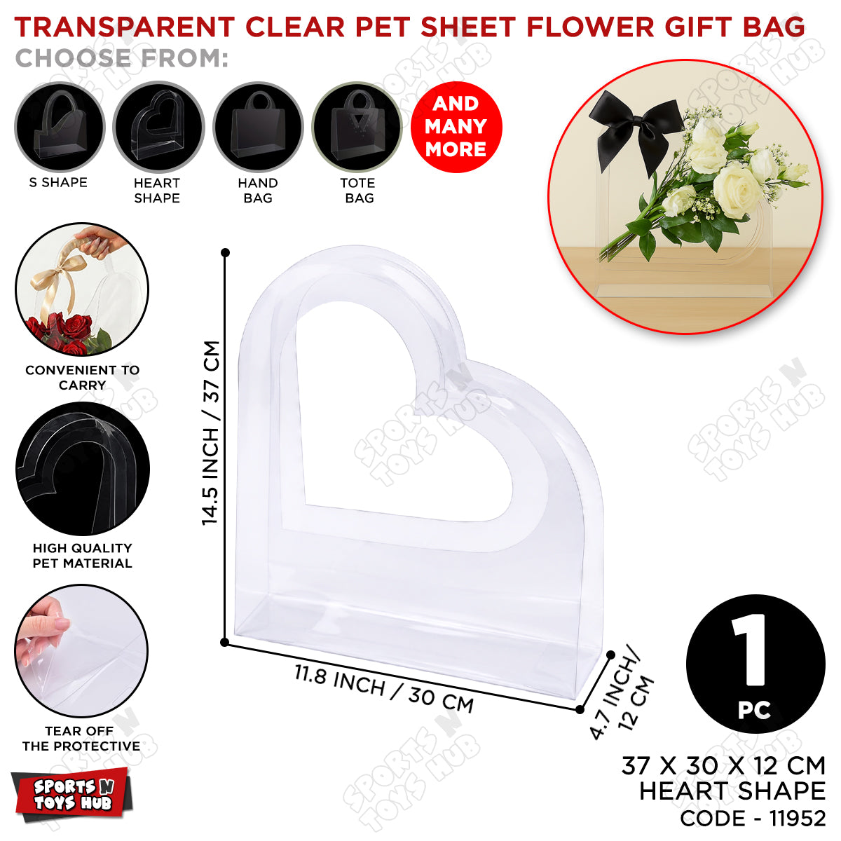 Heart-Shaped Transparent PET Flower Bouquet Bag with Handle – Clear Romantic Rose Packaging Bag for Flower Arrangements, Gift Wrapping, Valentine’s Day, Anniversary, Wedding & Special Occasions