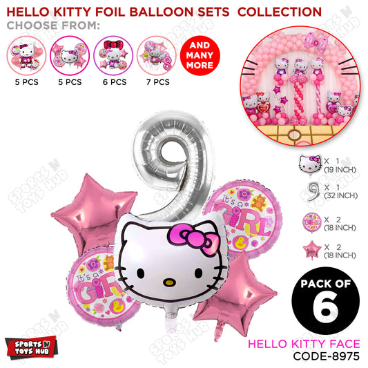Hell0 Kitty Face Foil Balloon Set With Number Collection - Pack Of 6