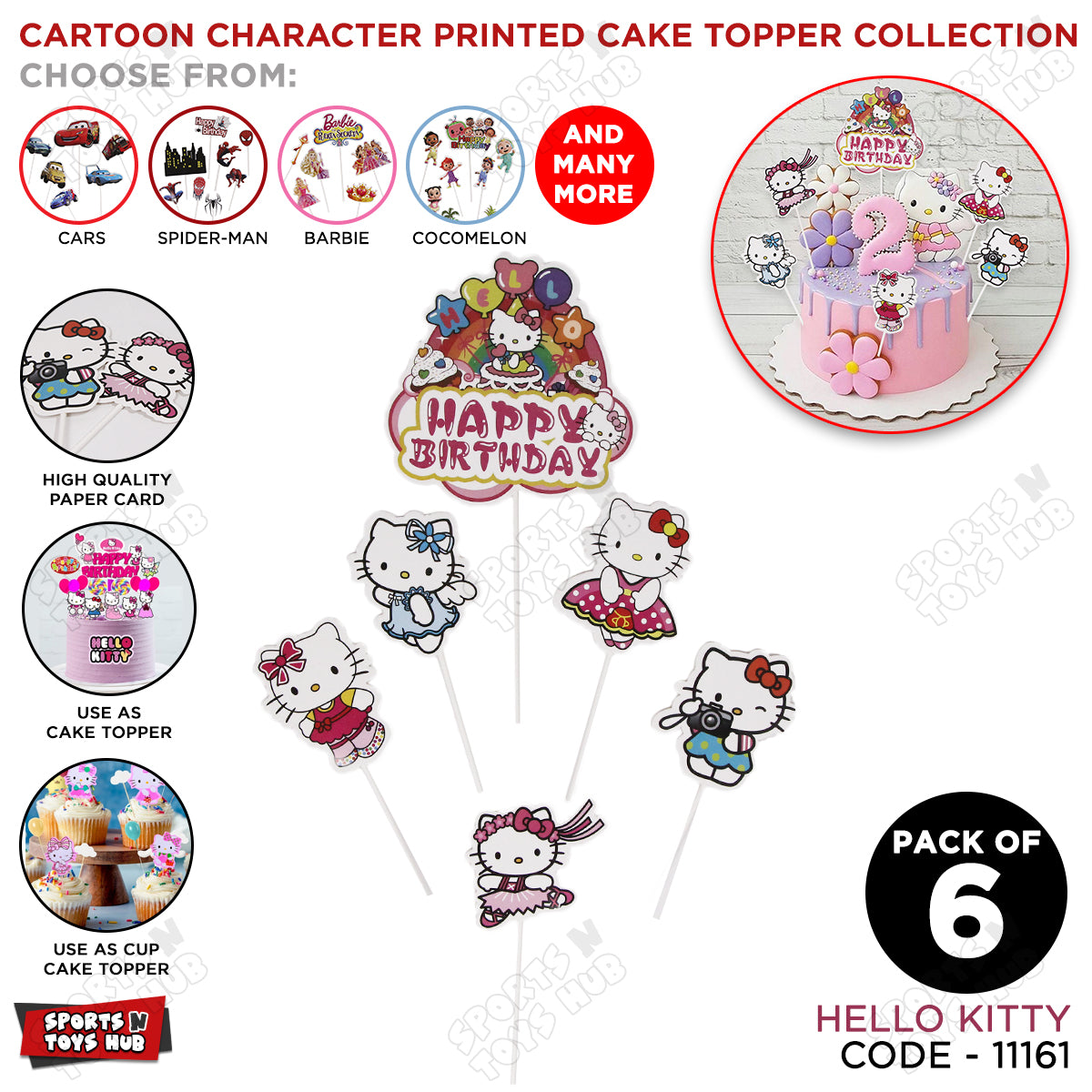 Hell0 Kitty Cartoon Characters Cake Topper - 6 Pcs