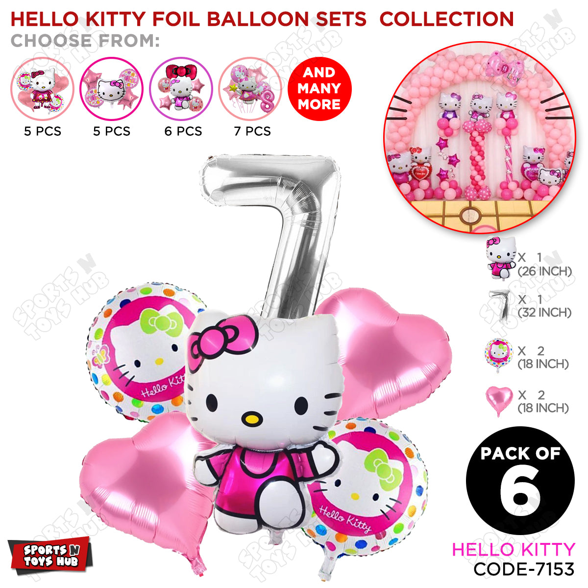 Hell0 Kitty Foil Balloon Set With Number Collection - Pack Of 6