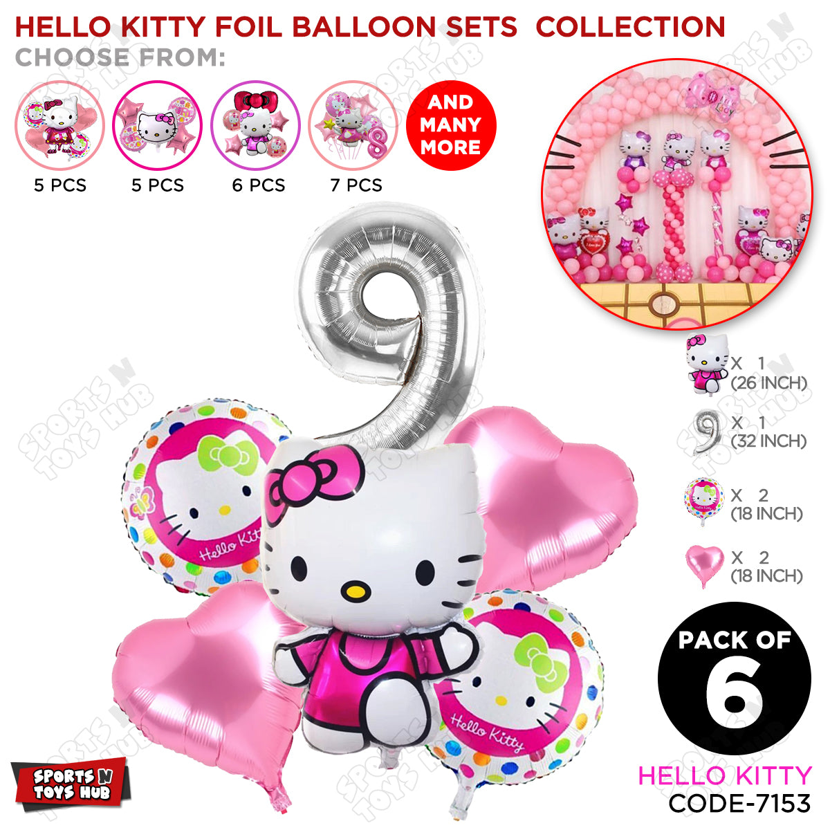 Hell0 Kitty Foil Balloon Set With Number Collection - Pack Of 6
