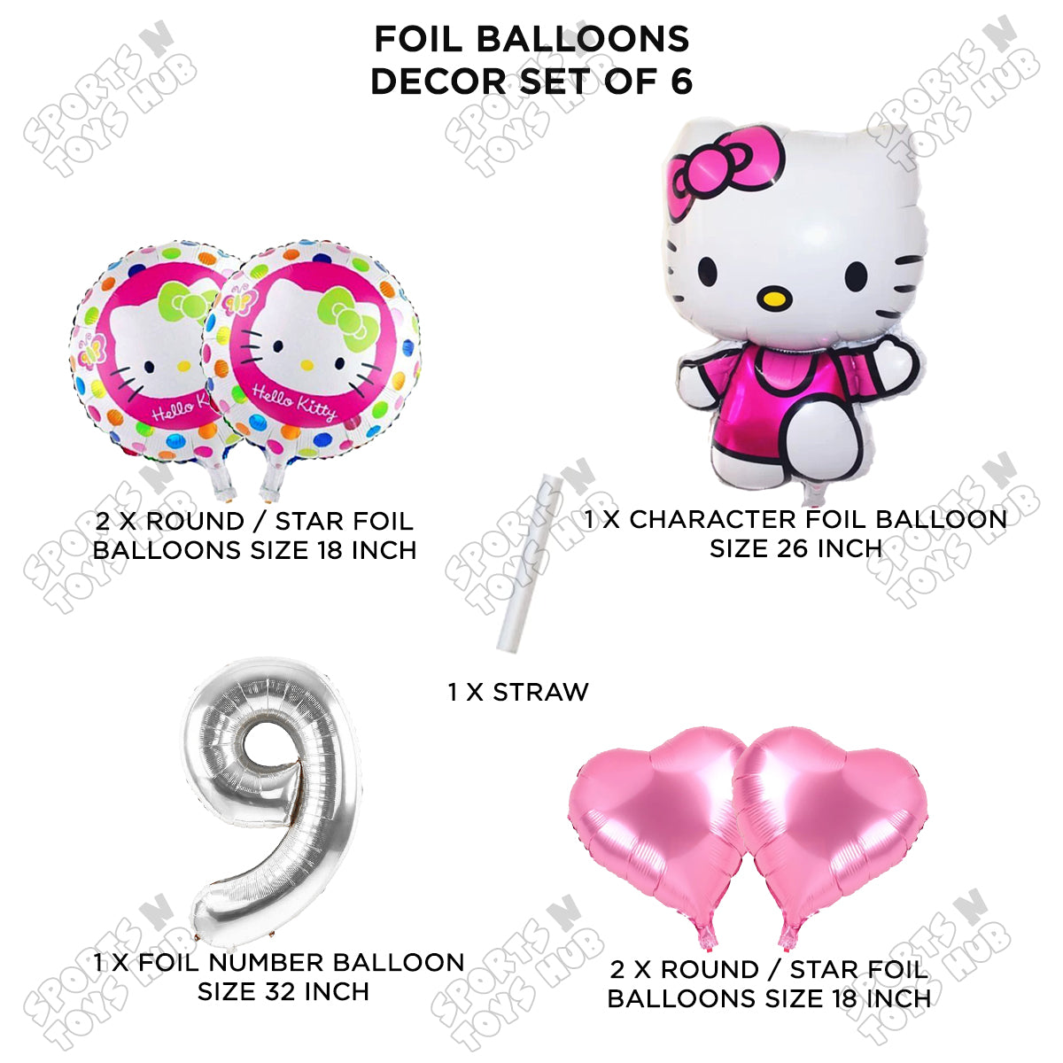 Hell0 Kitty Foil Balloon Set With Number Collection - Pack Of 6
