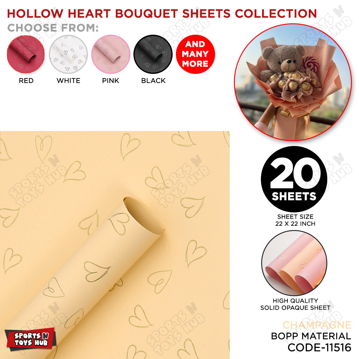 Golden Sketch Hollow Hearts Flower Bouquet Sheets - 20 Sheets