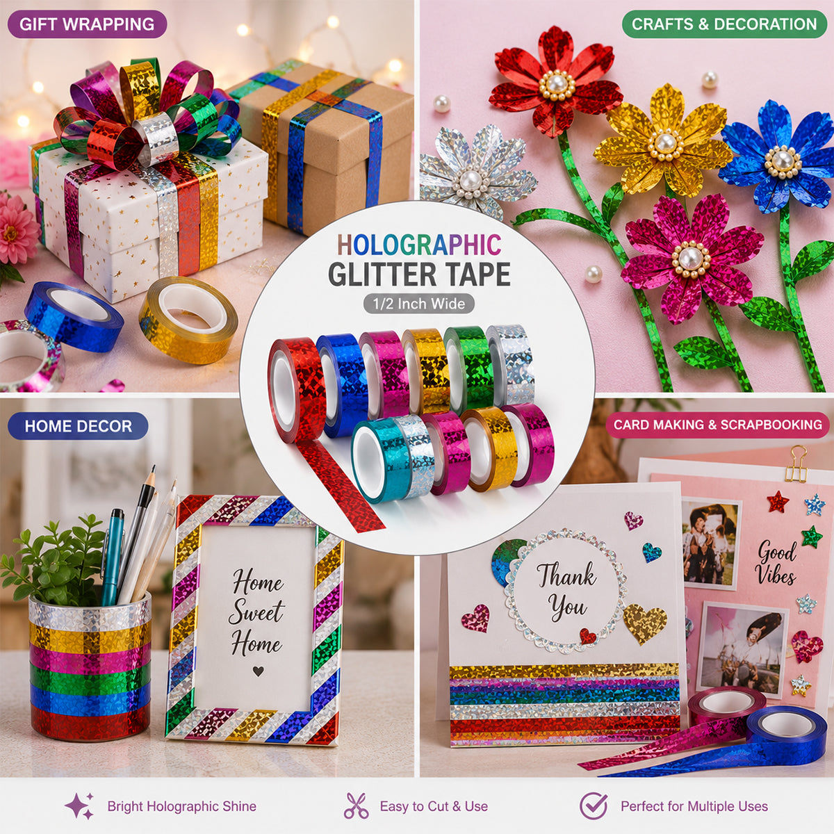 1/2 Inch Holographic Shining Laser Adhesive Colored Cello Tape Roll - 12 Pcs