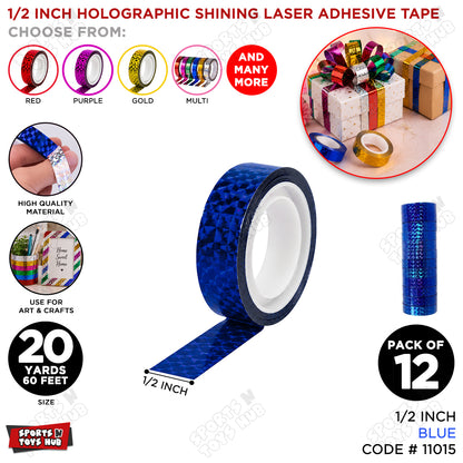 1/2 Inch Holographic Shining Laser Adhesive Colored Cello Tape Roll - 12 Pcs