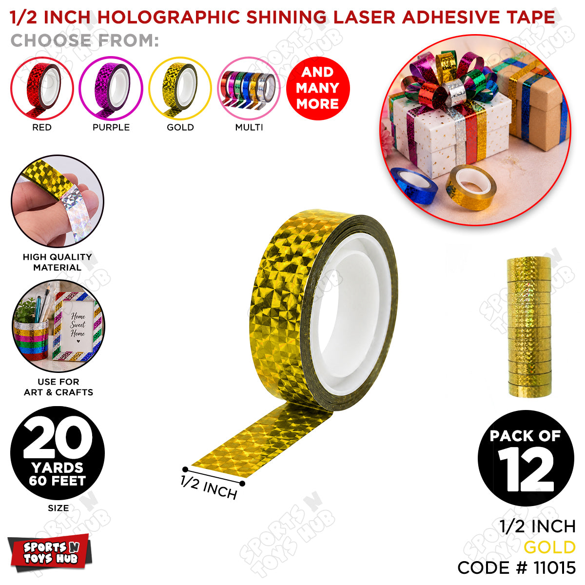 1/2 Inch Holographic Shining Laser Adhesive Colored Cello Tape Roll - 12 Pcs