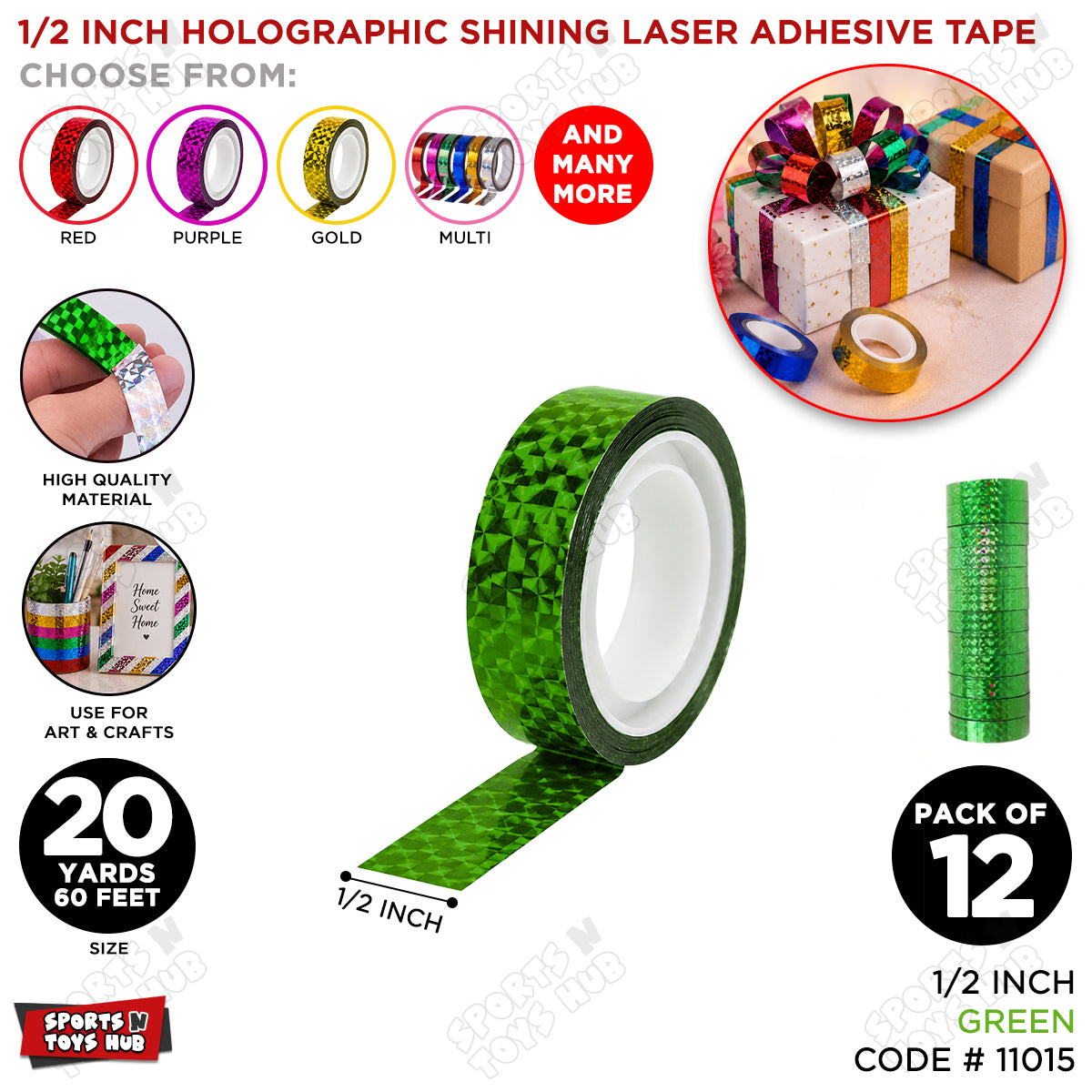 1/2 Inch Holographic Shining Laser Adhesive Colored Cello Tape Roll - 12 Pcs