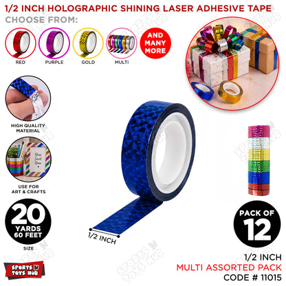 1/2 Inch Holographic Shining Laser Adhesive Colored Cello Tape Roll - 12 Pcs