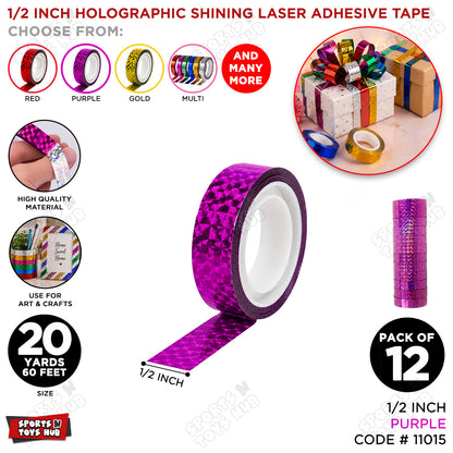 1/2 Inch Holographic Shining Laser Adhesive Colored Cello Tape Roll - 12 Pcs