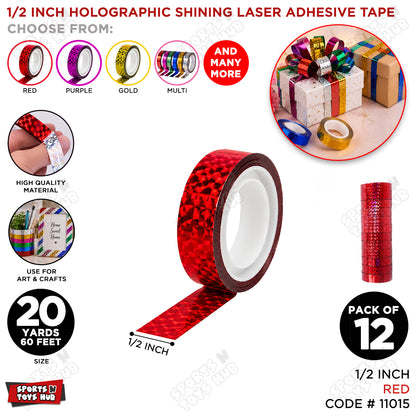 1/2 Inch Holographic Shining Laser Adhesive Colored Cello Tape Roll - 12 Pcs