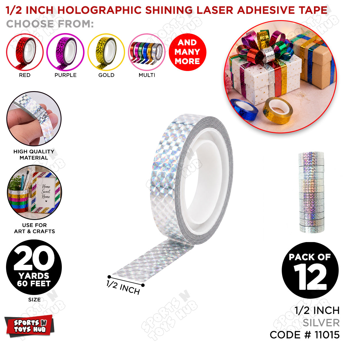 1/2 Inch Holographic Shining Laser Adhesive Colored Cello Tape Roll - 12 Pcs