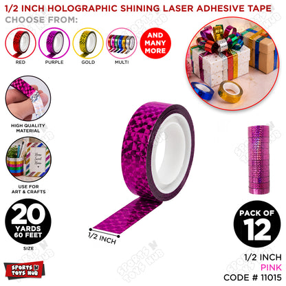 1/2 Inch Holographic Shining Laser Adhesive Colored Cello Tape Roll - 12 Pcs