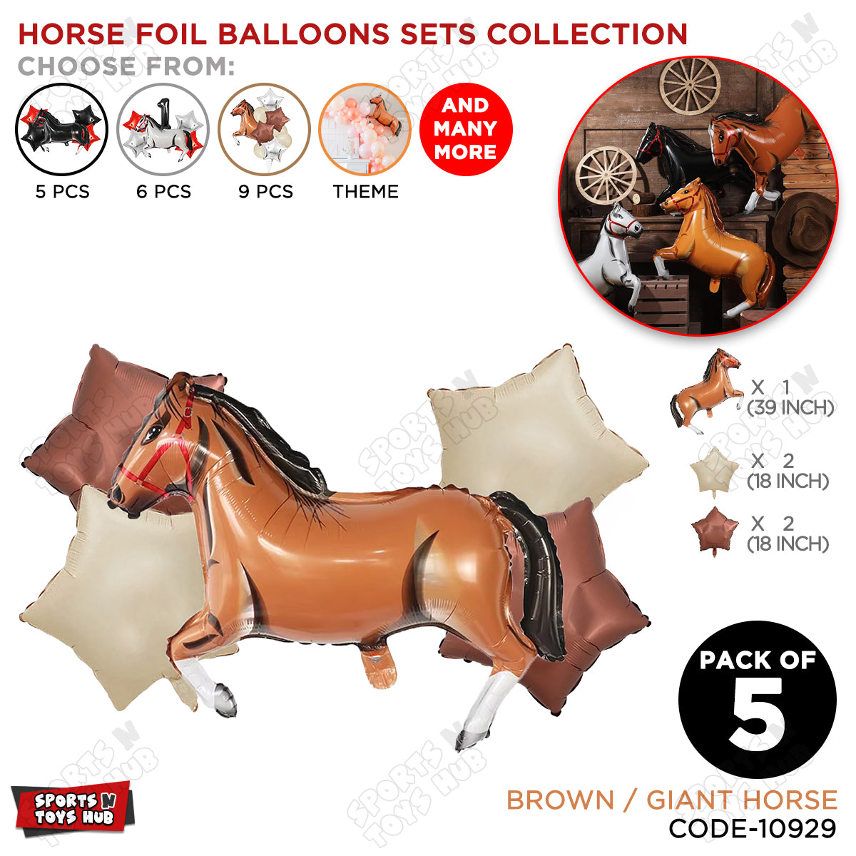 Giant Horse Brown Color Pack Of 5 Foil Balloon Set
