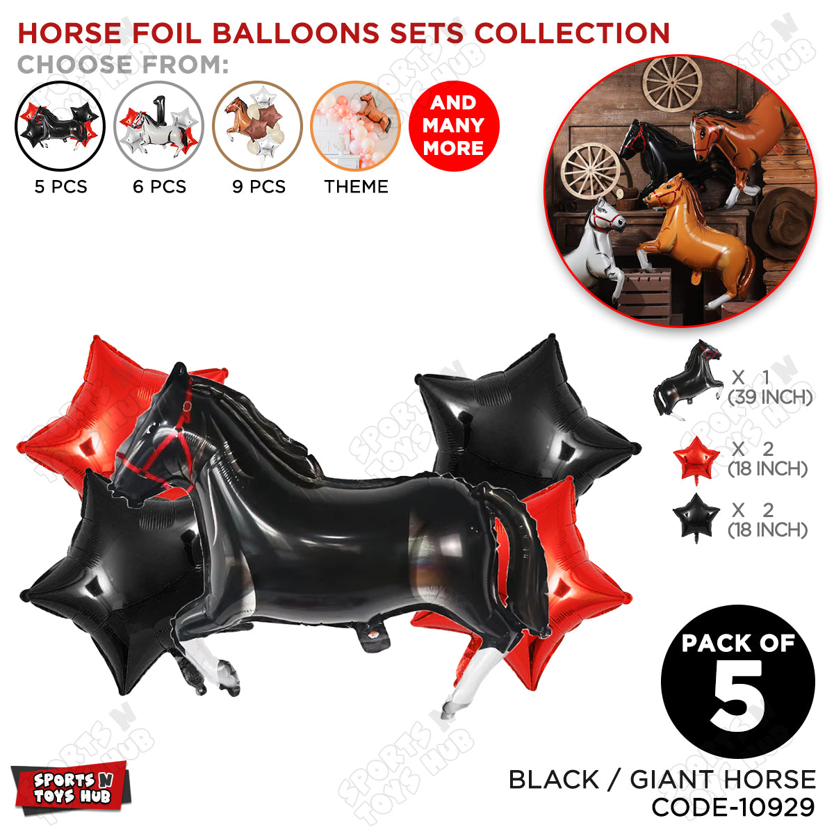 Giant Horse Black Color Pack Of 5 Foil Balloon Set