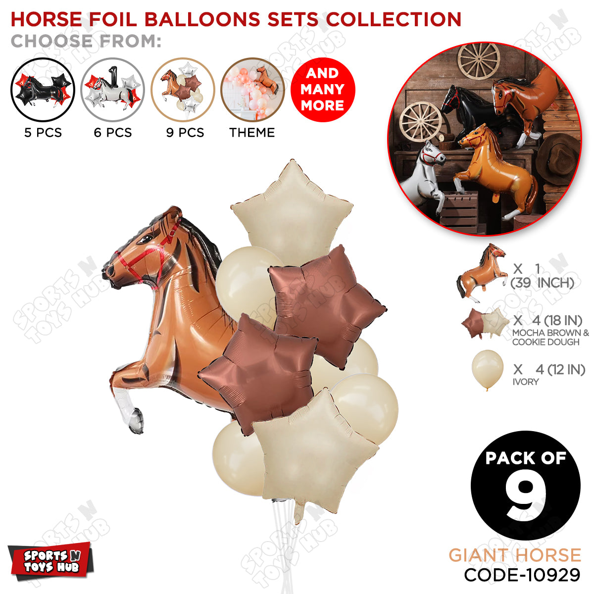 Giant Horse Brown Color Pack Of 9 Foil Balloon Set