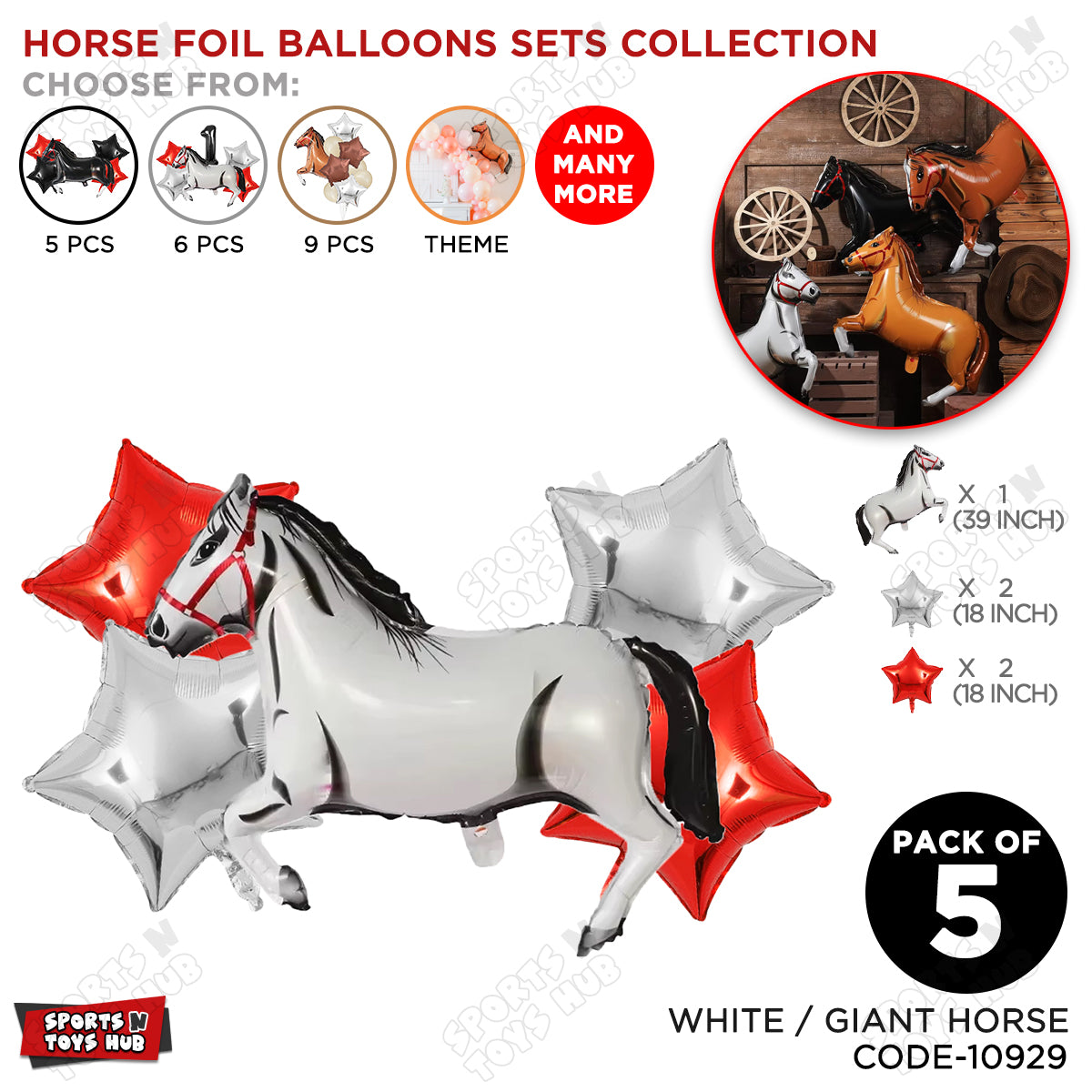 Giant Horse White Color Pack Of 5 Foil Balloon Set