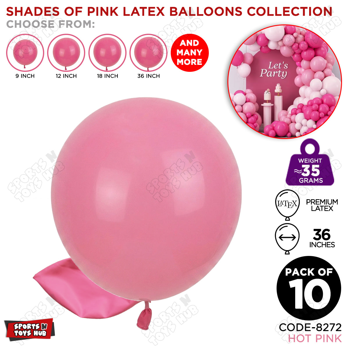 Hot Pink Latex Balloons Available In 9, 12, 18 & 36 Inch Sizes