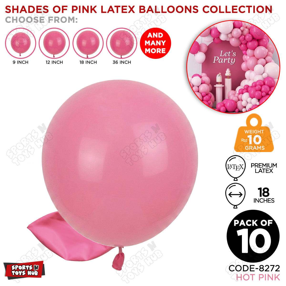 Hot Pink Latex Balloons Available In 9, 12, 18 & 36 Inch Sizes