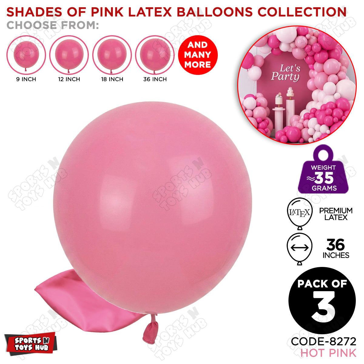 Hot Pink Latex Balloons Available In 9, 12, 18 & 36 Inch Sizes
