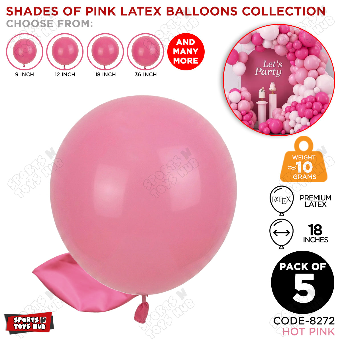 Hot Pink Latex Balloons Available In 9, 12, 18 & 36 Inch Sizes