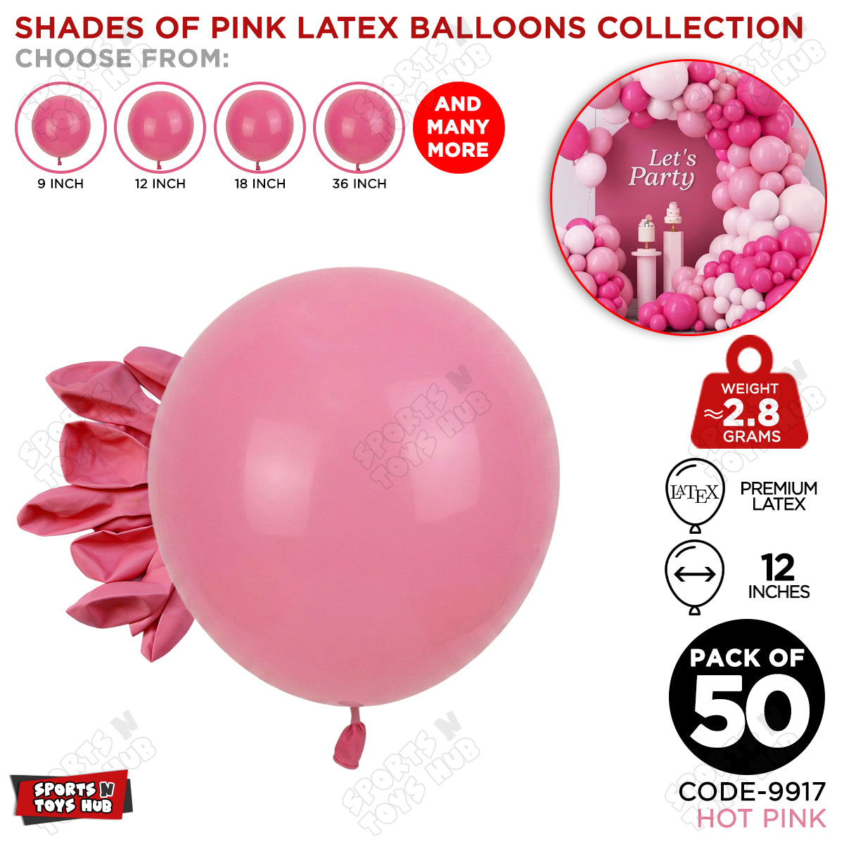 Hot Pink Latex Balloons Available In 9, 12, 18 & 36 Inch Sizes
