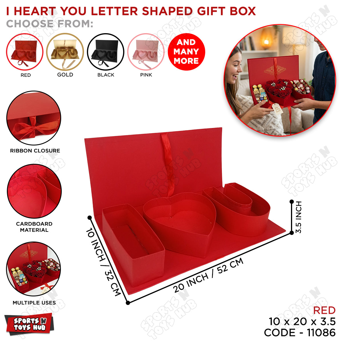 I ❤️ U Letter Shape Paper Cardboard Gift Box with Flap Lid, Fillable Chocolate Sweets Flowers Gift Box