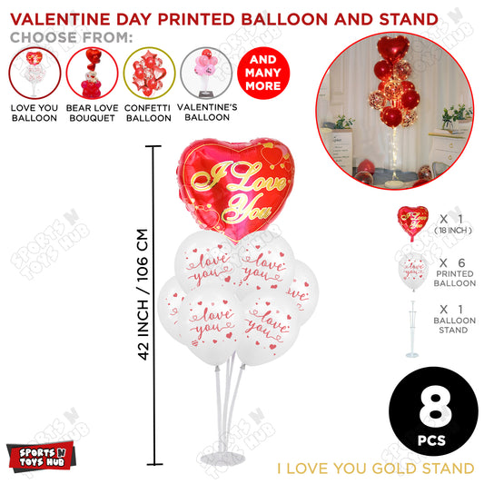7 Stick Balloon Stand With I Love You Printed Balloons & Printed Heart Foil