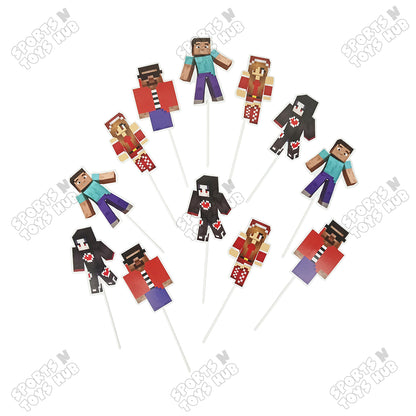Minecraft Cartoon Game Characters Cup Cake Topper - 12 Pcs