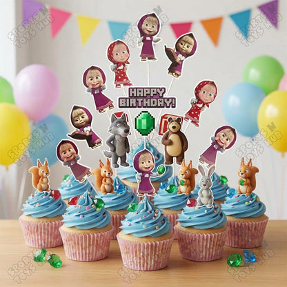 Cartoon Characters HBD M@sha & The Bear Cup Cake Topper - 12 Pcs