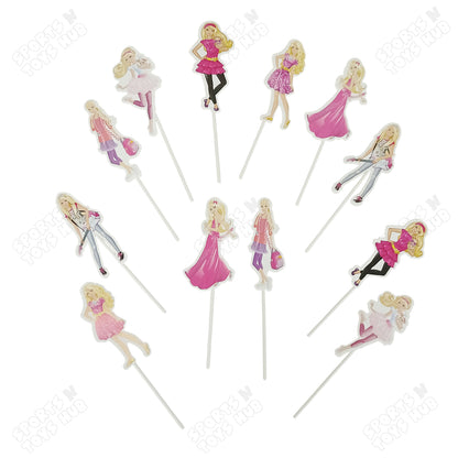Cartoon Characters HBD Barbie Doll Cake Topper - 12 Pcs