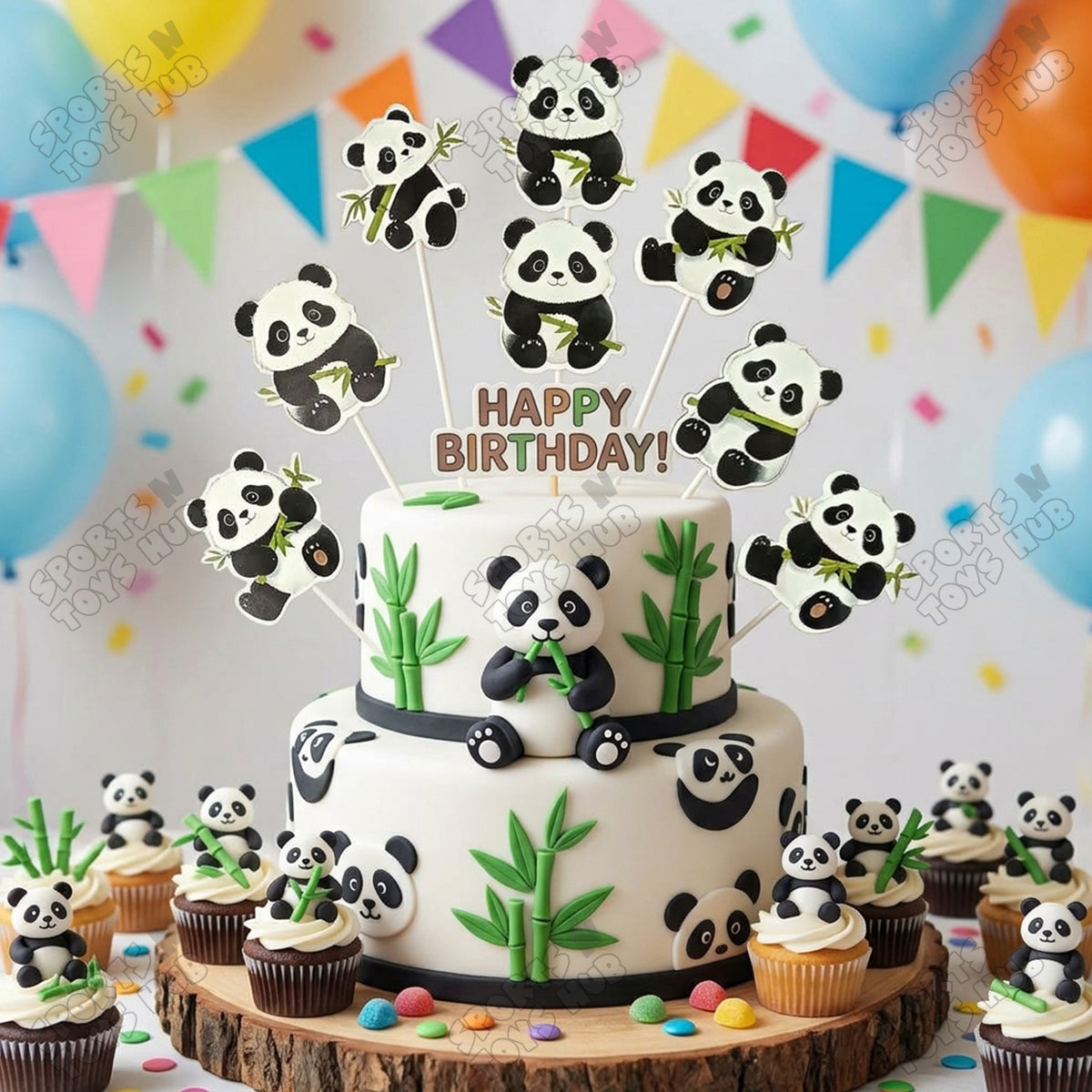 Panda Cartoon Characters HBD Cup Cake Topper - 12 Pcs