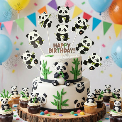 Panda Cartoon Characters HBD Cup Cake Topper - 12 Pcs