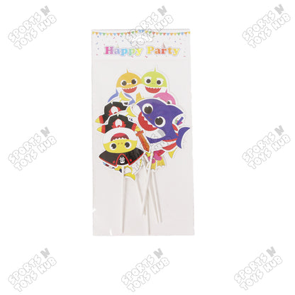 HBD Cartoon Character Baby Shark Printed Card Board Cake Topper - 6 Pcs