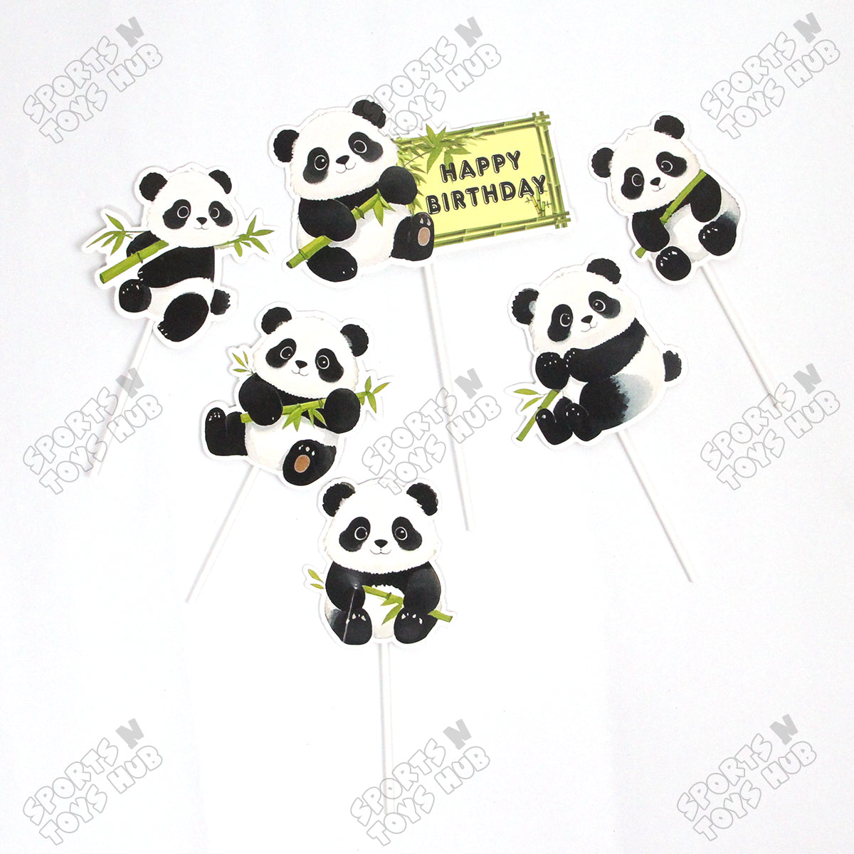 Panda Cartoon Characters HBD Cake Topper - 6 Pcs