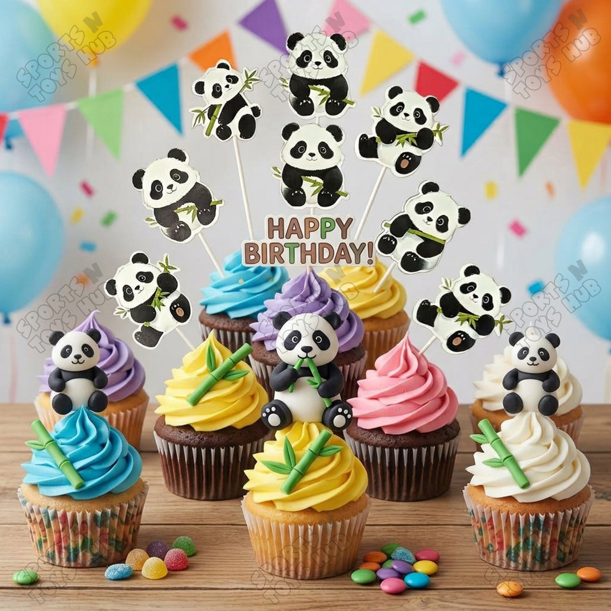 Panda Cartoon Characters HBD Cup Cake Topper - 12 Pcs