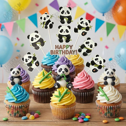Panda Cartoon Characters HBD Cup Cake Topper - 12 Pcs