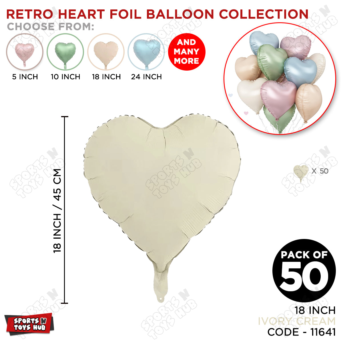 18 Inch - Retro Ivory Cream Heart Foil Balloon