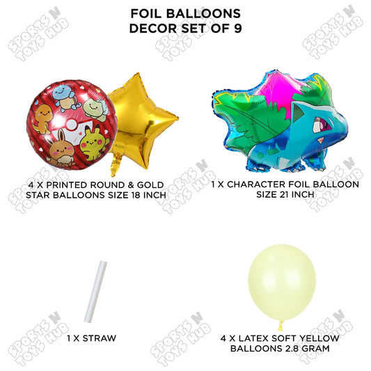 Pokemon Ivysaur Foil Balloon Set – Pack of 9, Cartoon Character Balloons for Kids Birthday Party