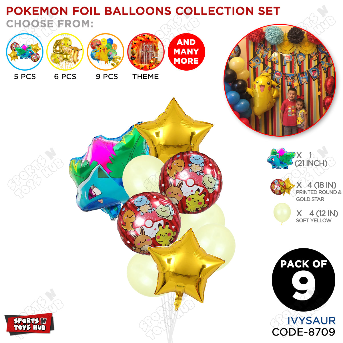 Pokemon Ivysaur Foil Balloon Set – Pack of 9, Cartoon Character Balloons for Kids Birthday Party