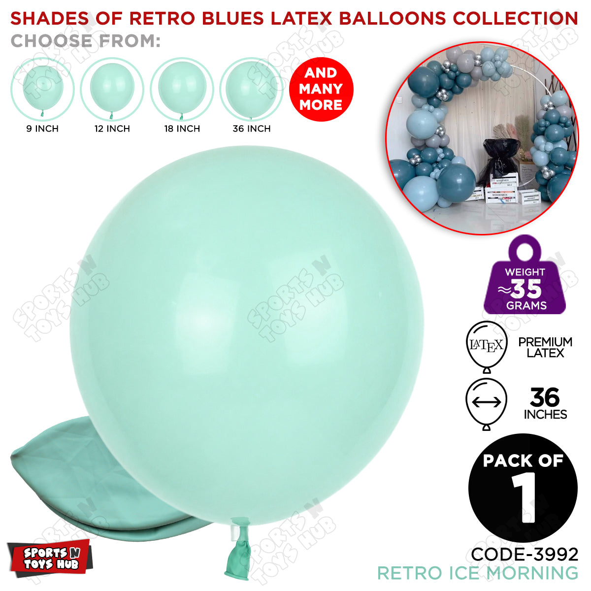 Ice Morning Blue Latex Balloons Available In 12, 18 & 36 Inch Sizes