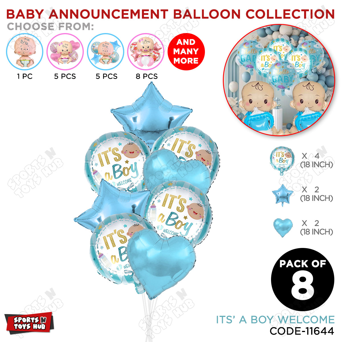 Baby Announcement Its A Boy Welcome Round Foil Balloon - Pack Of 8