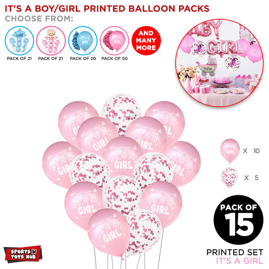 Its a Girl Printed & Confetti Balloons Bouquet - 15 Pcs