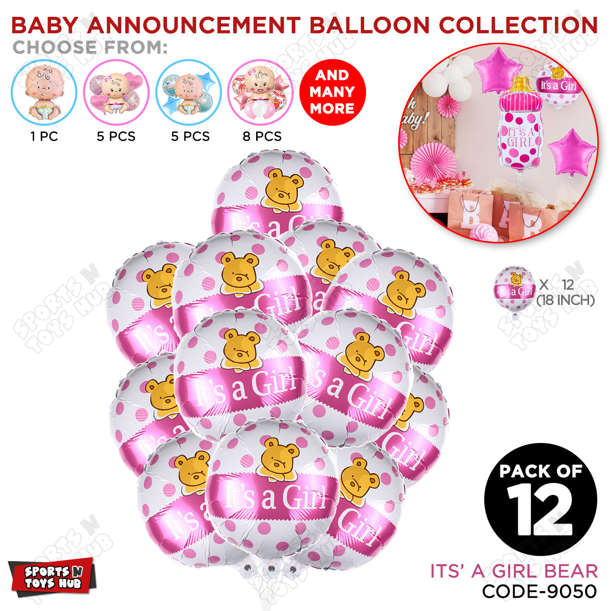 Baby Announcement Its A Girl Bear Round Foil Balloon