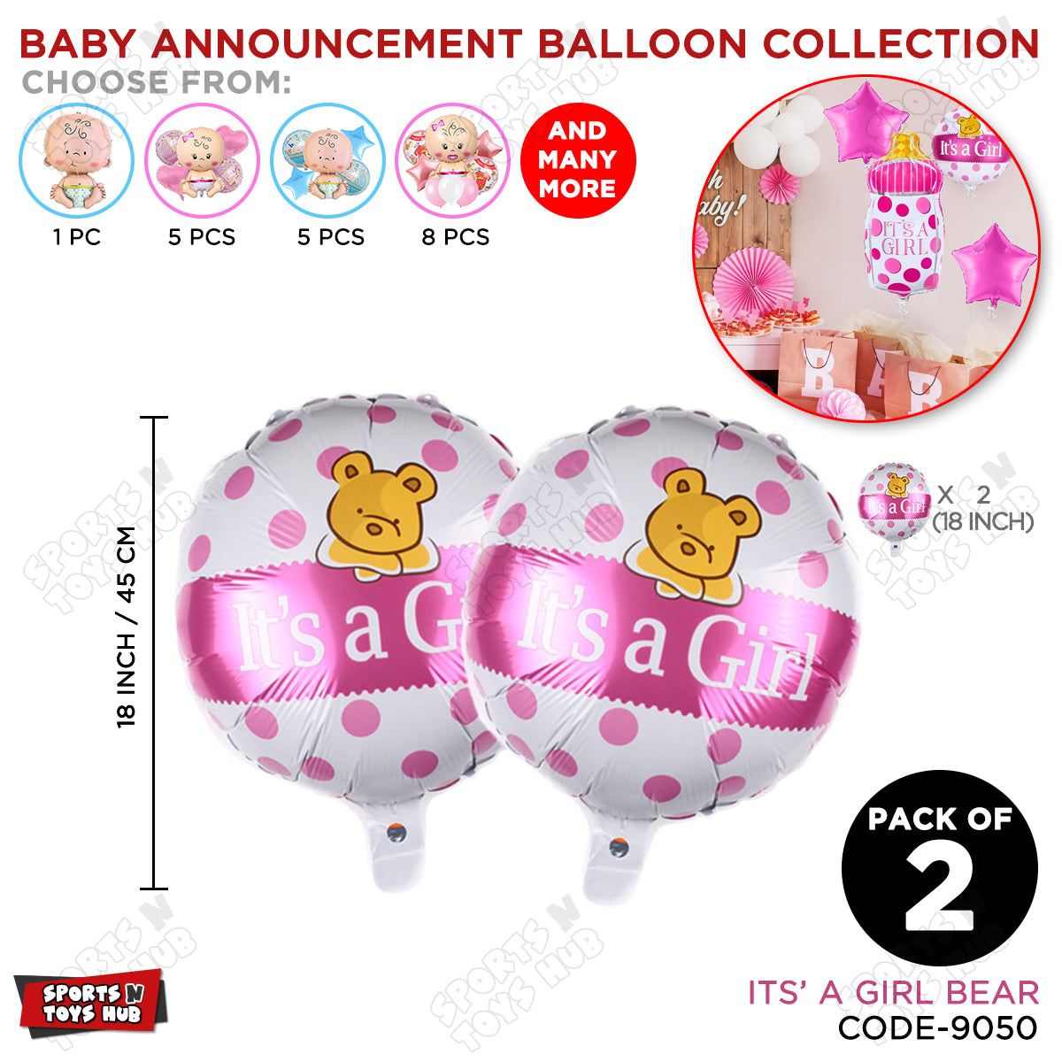 Baby Announcement Its A Girl Bear Round Foil Balloon