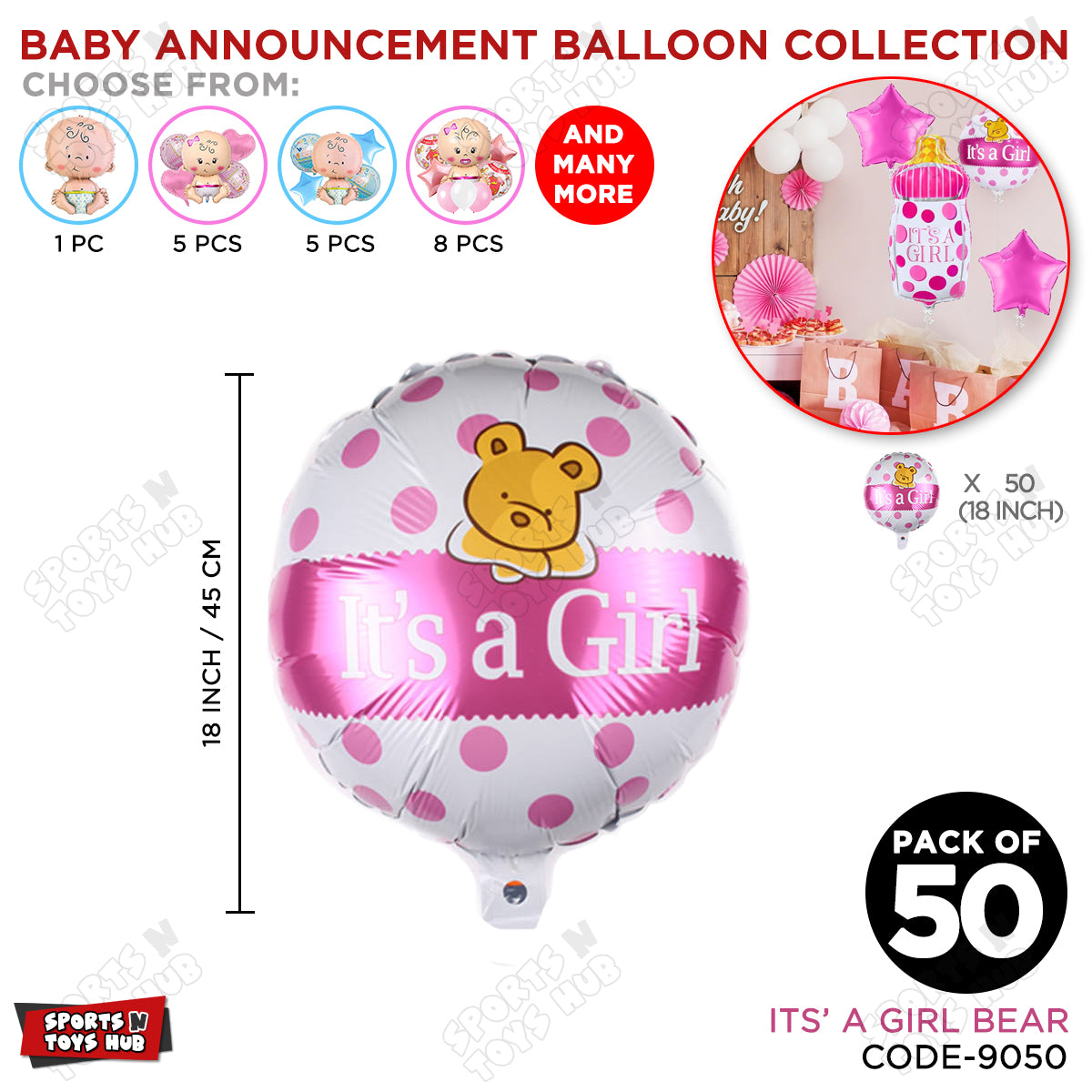 Baby Announcement Its A Girl Bear Round Foil Balloon