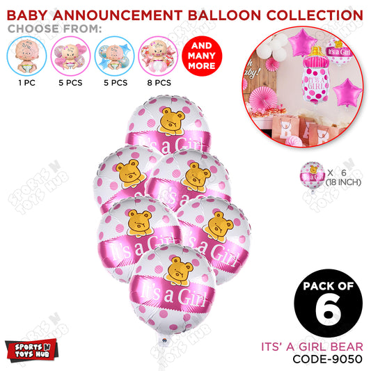 Baby Announcement Its A Girl Bear Round Foil Balloon