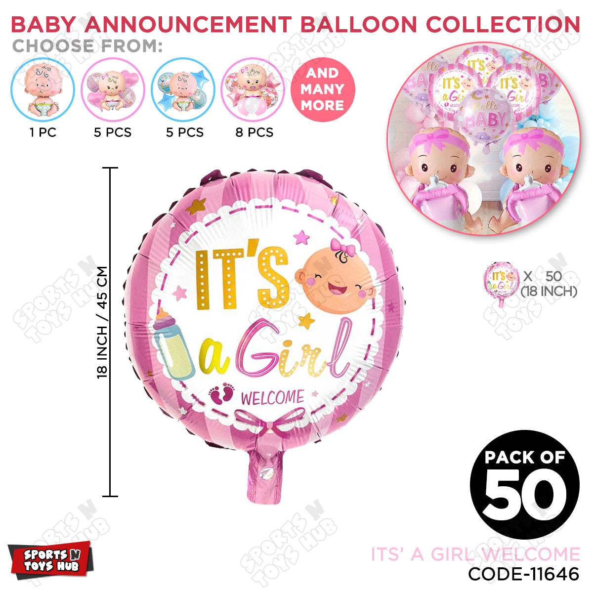 Baby Announcement Its A Girl Welcome Round Foil Balloon