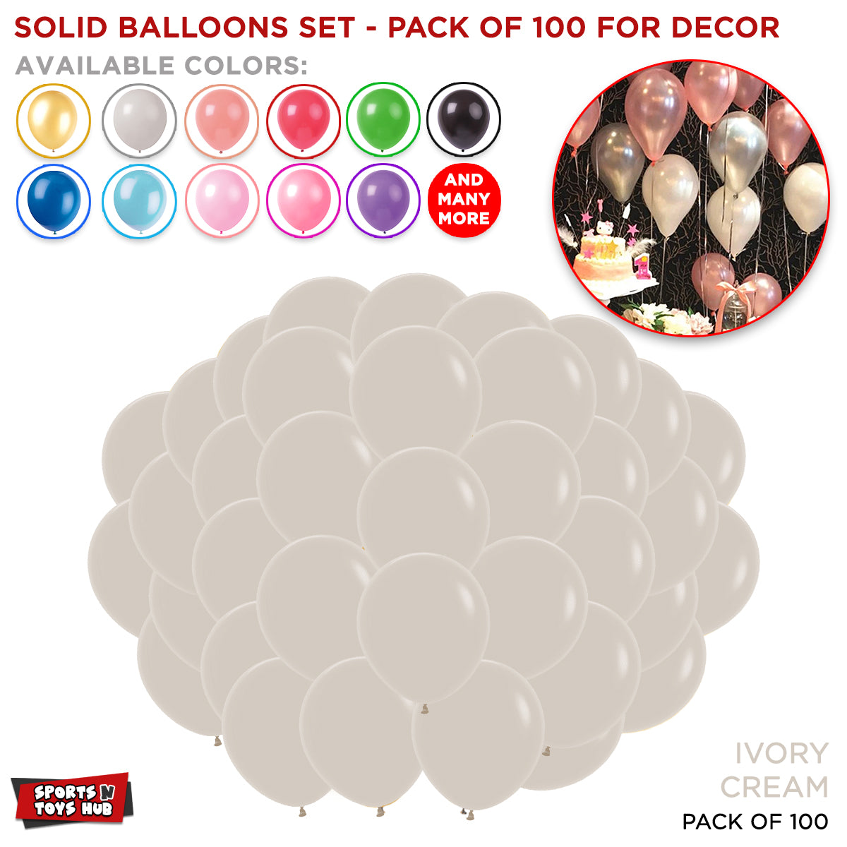 1.5 Gram Solid Latex 10 Inch Round Balloons - 100 Pcs