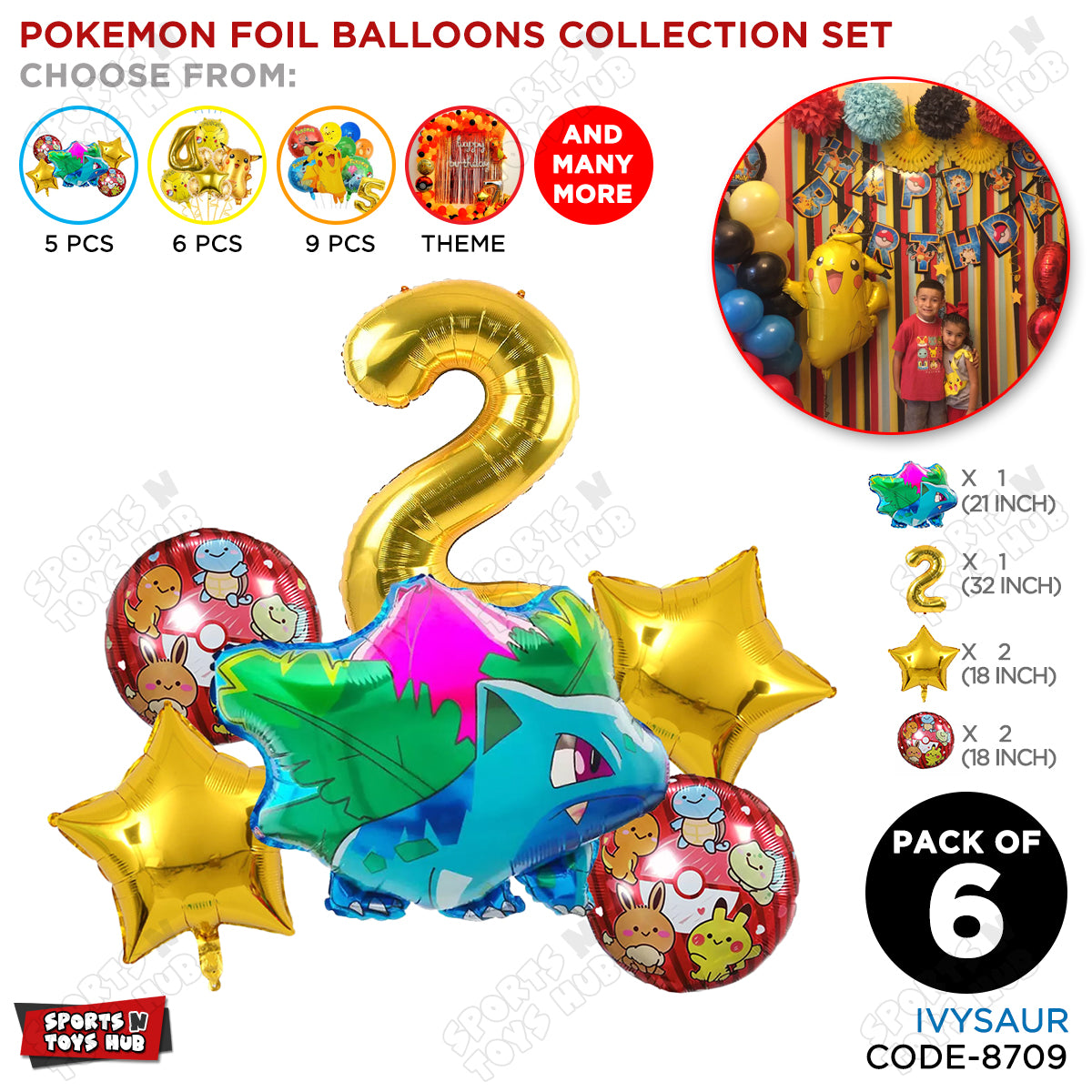 Ivy-saur Foil Balloon Set With Number Collection - Pack Of 6