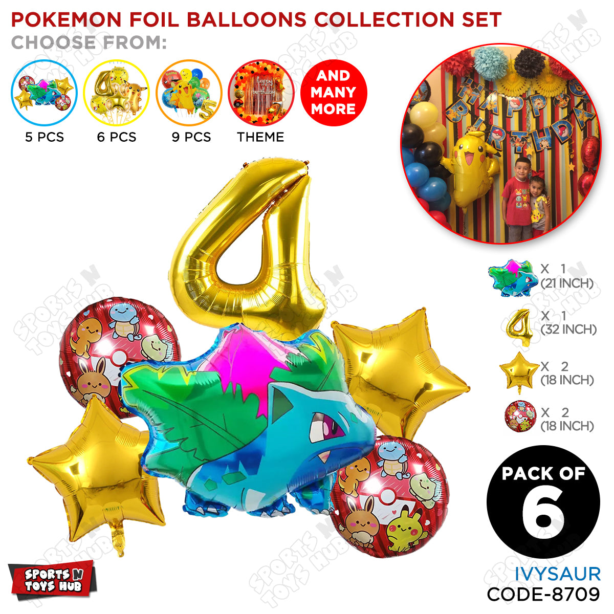Ivy-saur Foil Balloon Set With Number Collection - Pack Of 6
